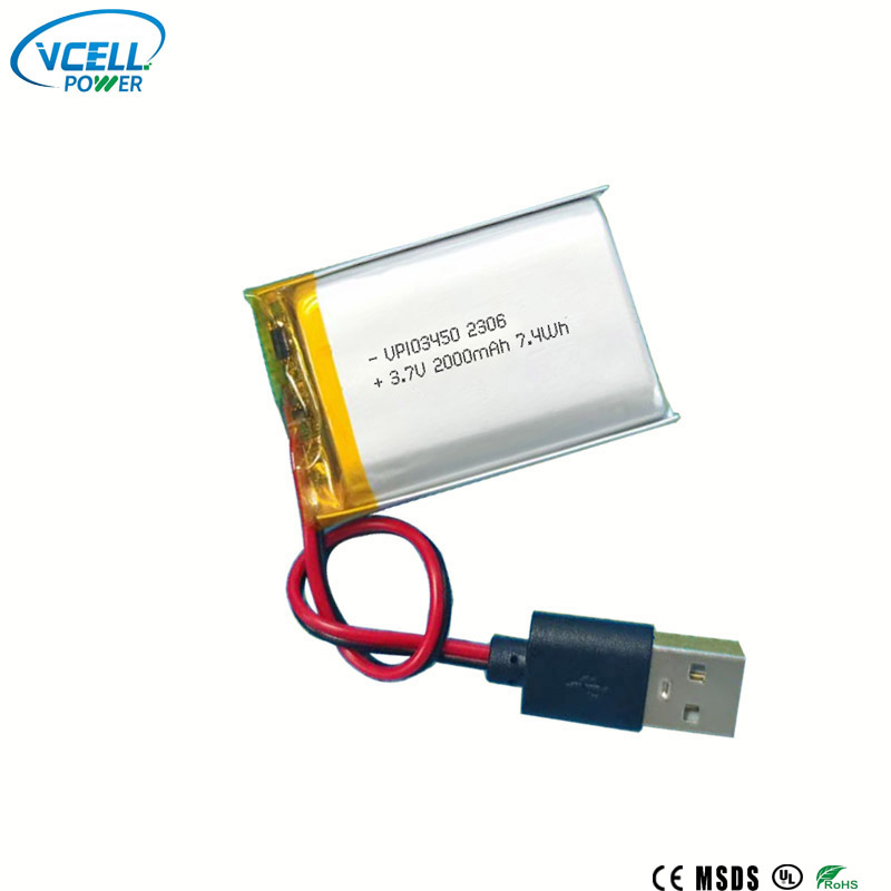Batteria ai polimeri di litio 103450 da 3,7 V 2000 mAh